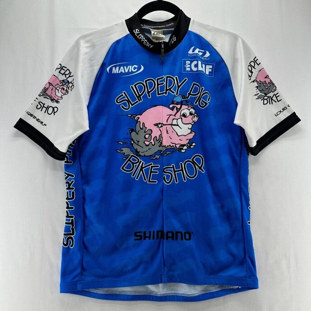Louis Garneau Cycling Shirt Mens Size S Slippery Pig Bike Shop Graphic Blue - Picture 1 of 10